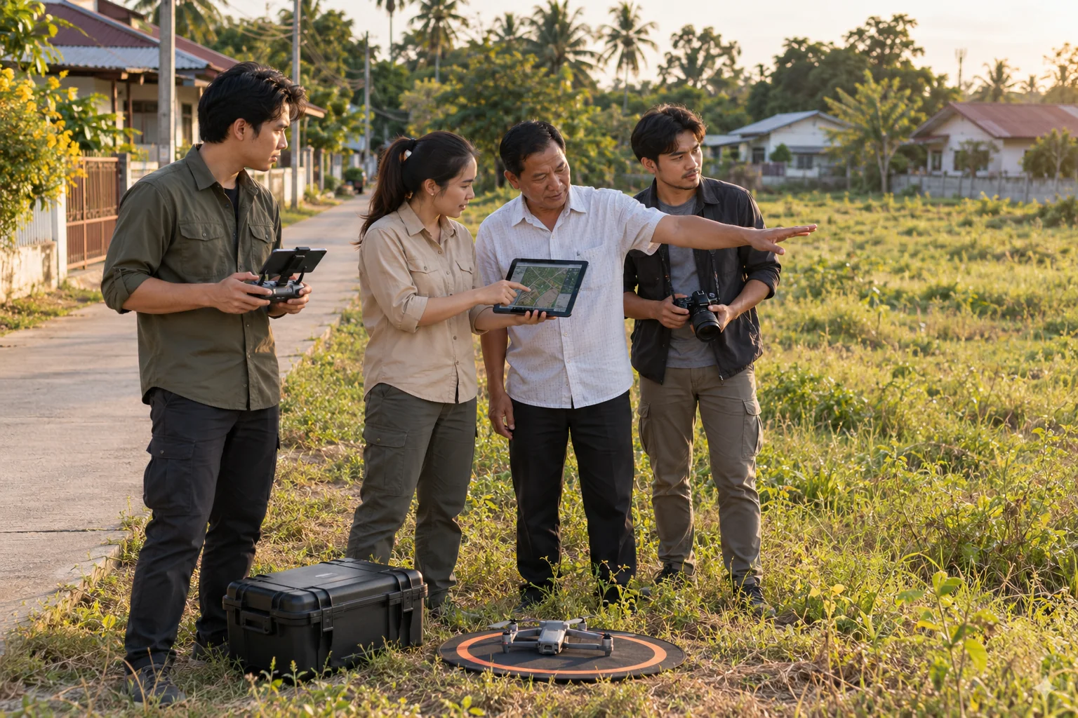 ภาพประกอบ AI จำลองทีมช่างภาพ ผู้ช่วย และเจ้าของที่ดินร่วมวางแผนถ่ายภาพในชุมชน